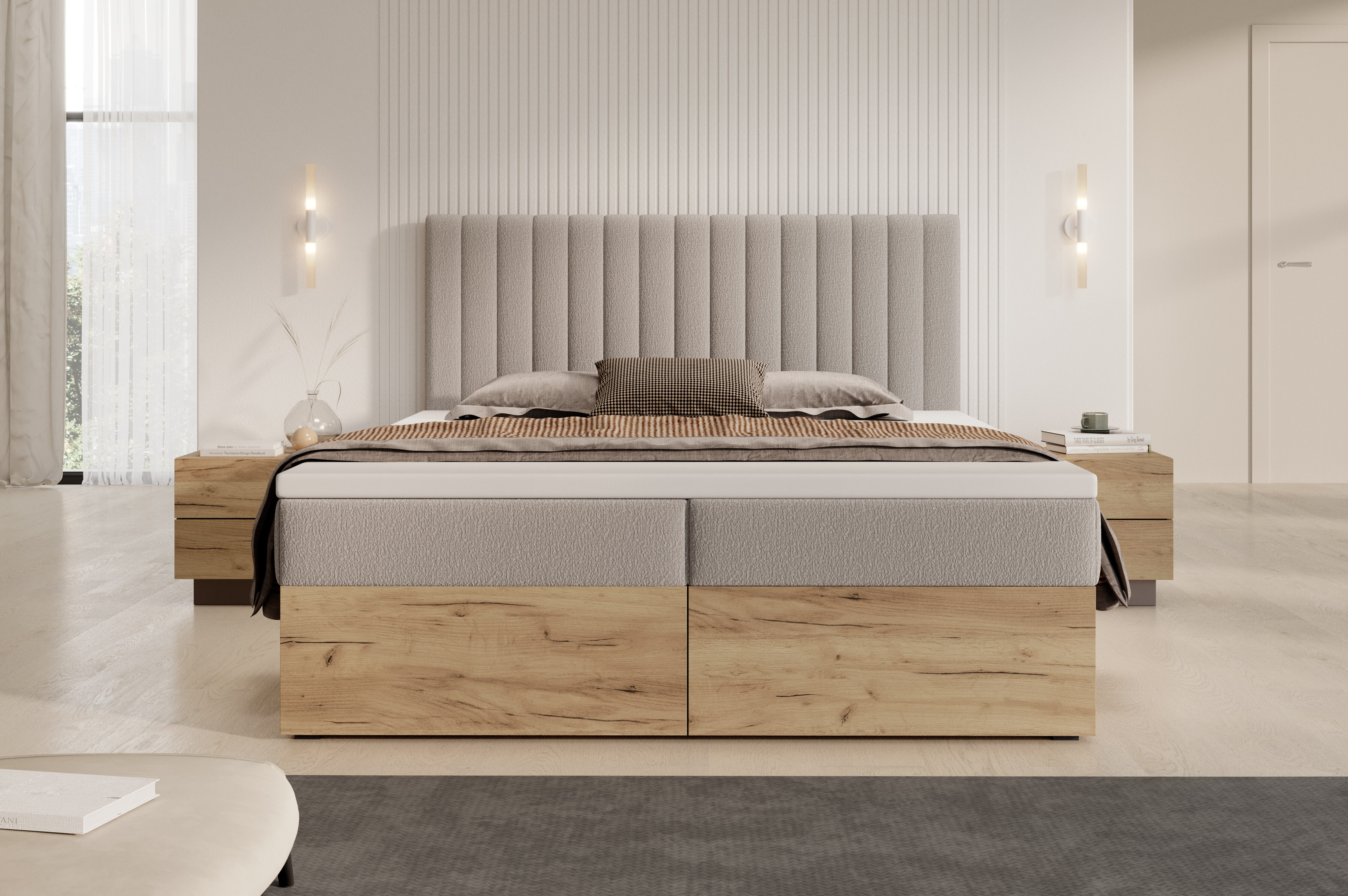 Łóżko Otario – połączenie tapicerki i drewna w stylu premium