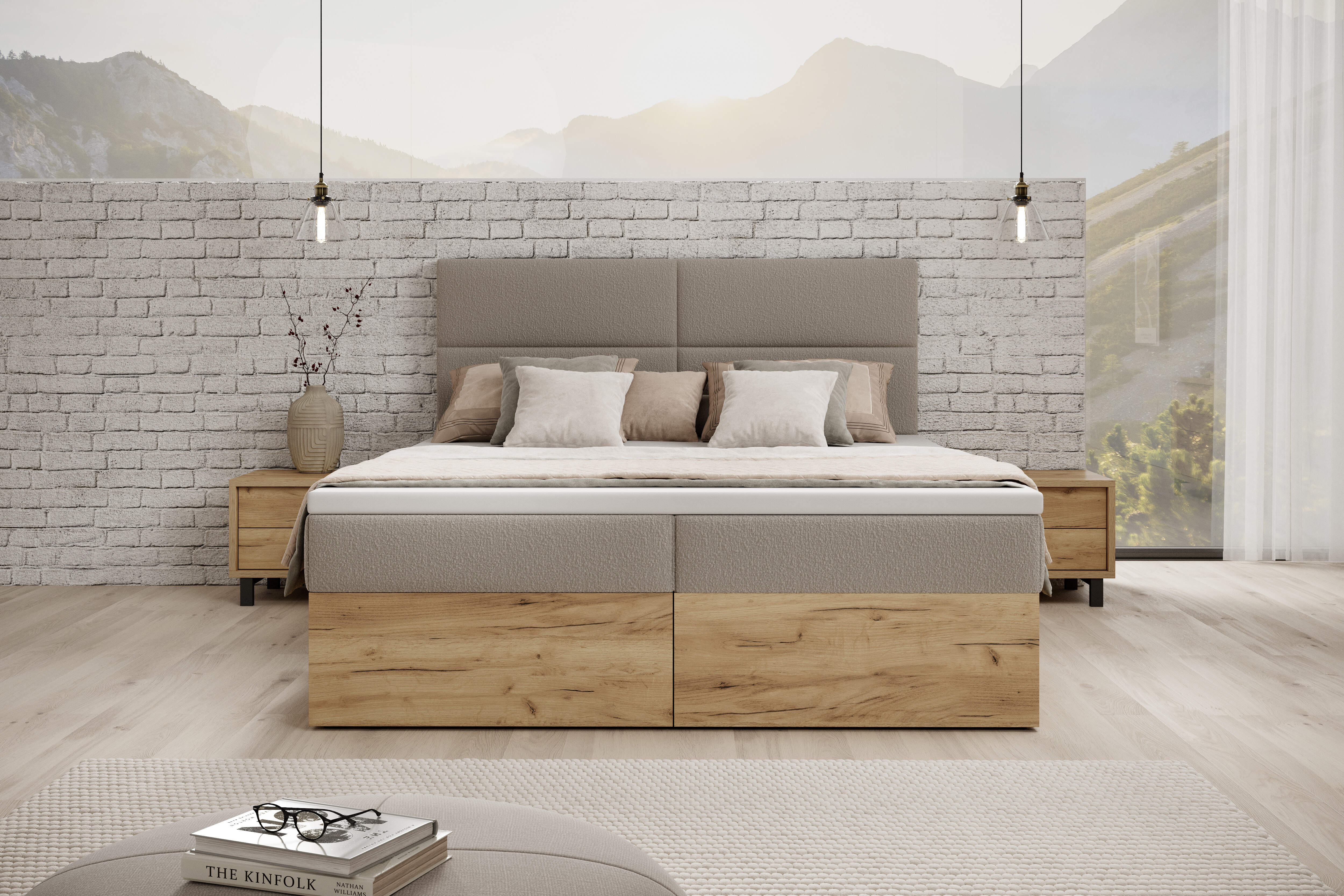 Łóżko Nela – kontynentalny komfort i drewniane skrzynie